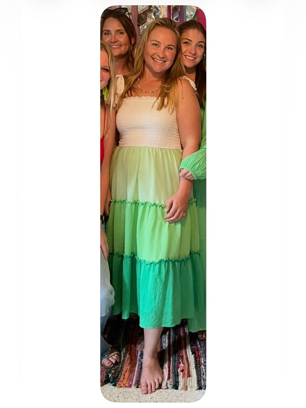 Smocked White Bodice Green Ombre Tiered Midi Dress